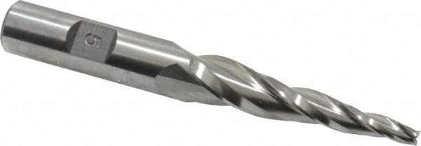 Made in USA - 5° Taper Angle per Side, 5/32" Small End Diam, 2" LOC, High Speed Steel 3 Flute Tapered Square End Mill - 3-7/8" OAL, 1/2" Shank Diam, Spiral Flute - Benchmark Tooling