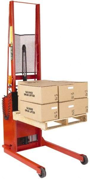 Wesco Industrial Products - 1,000 Lb Capacity, 64" Lift Height, Battery Powered Stacker - 3/4" Lowered Height, 15" Load Center, 25" Fork Length, 25" Overall Width - Benchmark Tooling
