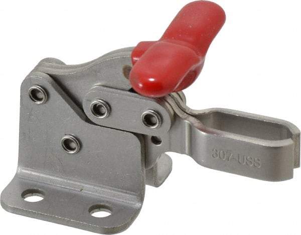 De-Sta-Co - 350 Lb Holding Capacity, Horizontal Handle, Manual Hold Down Toggle Clamp - 173° Handle Movement, 92° Bar Opening, U-Bar, Flanged Base, Electro-Plated Zinc, Stainless Steel - Benchmark Tooling