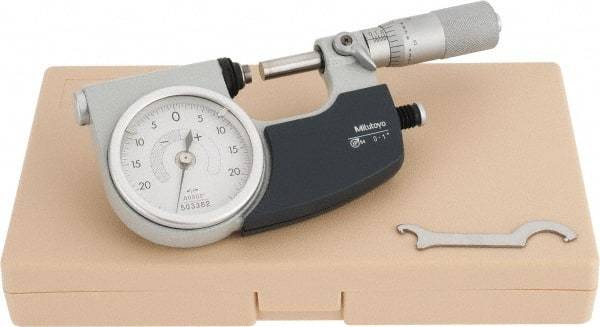 Mitutoyo - 0 to 1 Inch Range, 0.0001 Inch Graduation, Mechanical Indicating Micrometer - Accurate to 0.0001 Inch, Carbide-Tipped Measuring Face, Includes Fitted Plastic Case - Benchmark Tooling