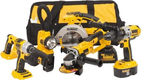 DeWALT - 17 Piece 18 Volt Cordless Tool Combination Kit - Includes 1/4" Impact Driver, 6-1/2" Circular Saw, Cut-Off Tool, Reciprocating Saw, 1/2" Hammer Drill, Battery Included - Benchmark Tooling