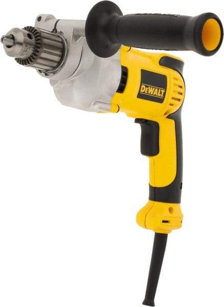 DeWALT - 1/2" Keyed Chuck, 0 to 1,250 RPM, Pistol Grip Handle Electric Drill - 10 Amps, Reversible, Includes 360° Locking Side Handle with Soft Grip & Chuck Key with Holder - Benchmark Tooling