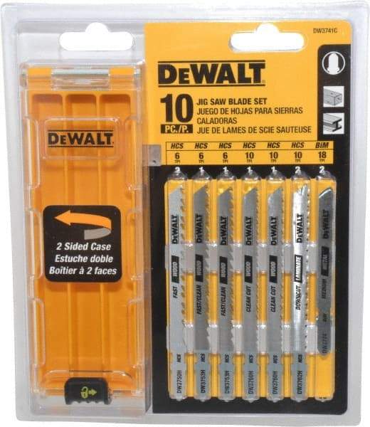 DeWALT - 10 Piece, 3" to 4" Long, 6 to 18 Teeth per Inch, Bi-Metal and High Carbon Steel Jig Saw Blade Set - T-Shank - Benchmark Tooling