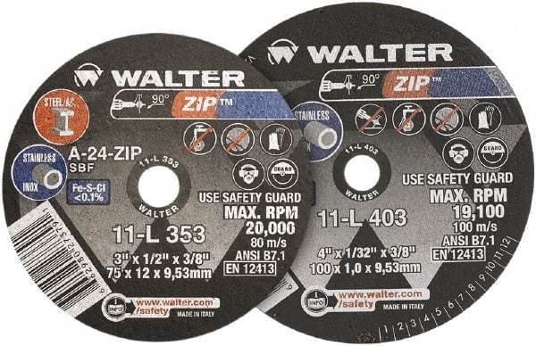WALTER Surface Technologies - 4" 24 Grit Aluminum Oxide Cutoff Wheel - 1/16" Thick, 3/8" Arbor, 19,100 Max RPM, Use with Die Grinders - Benchmark Tooling