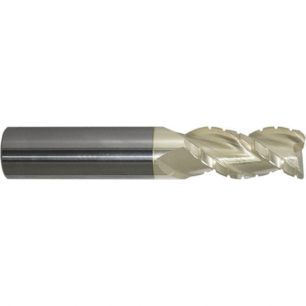ProMax - 3/4" Diam, 1" LOC, 3 Flute Solid Carbide Roughing & Finishing Corner Radius End Mill - ZrN Finish, 3" OAL, 3/4" Shank Diam, Weldon Shank, 40° Helix, Centercutting, Stub Length - Benchmark Tooling