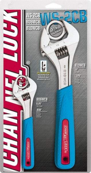 Channellock - 2 Piece, 24mm to 35mm, Adjustable Wrench Set - Inch Measurement Standard, Chrome Vanadium Finish, Comes in Display Card - Benchmark Tooling