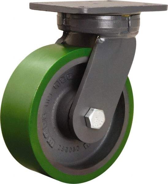 Hamilton - 8" Diam x 3" Wide x 10-1/2" OAH Top Plate Mount Swivel Caster - Polyurethane Mold onto Cast Iron Center, 2,500 Lb Capacity, Sealed Precision Ball Bearing, 5-1/4 x 7-1/4" Plate - Benchmark Tooling