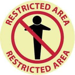 NMC - Restricted Area - Restricted Area, Anti-Skid Polyester Floor Sign - Round, Red & Black on Yellow (Glow), Adhesive Backed, For Security & Admittance - Benchmark Tooling