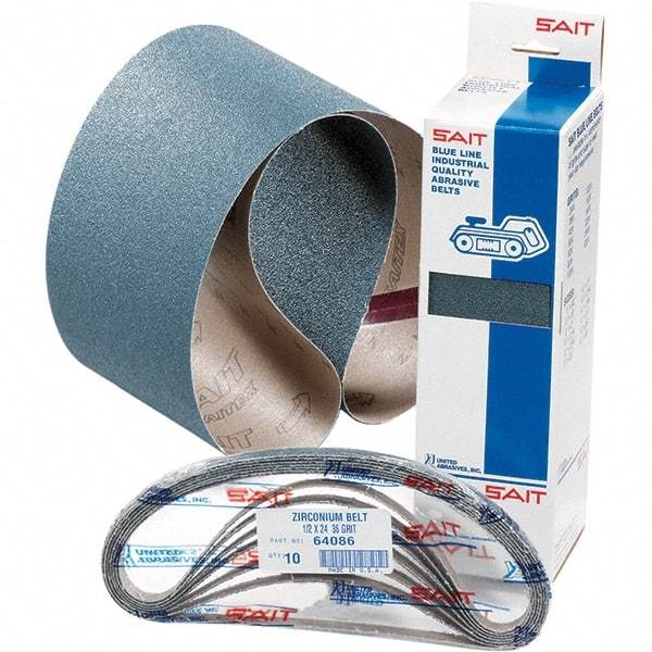 Sait - 1/2" Wide x 12" OAL, 60 Grit, Zirconia Alumina Abrasive Belt - Zirconia Alumina, Medium, Coated, H Weighted Cloth Backing - Benchmark Tooling