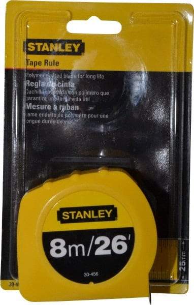 Stanley - 26' x 1" Yellow Blade Tape Measure - 1/32 & 1/16" & 1mm Graduation, Inch/Metric Graduation Style, Yellow Case - Benchmark Tooling