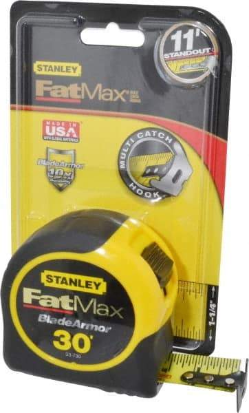 Stanley - 30' x 1-1/4" Yellow Blade Tape Measure - 1/16" Graduation, Inch Graduation Style, Yellow/Black Case - Benchmark Tooling