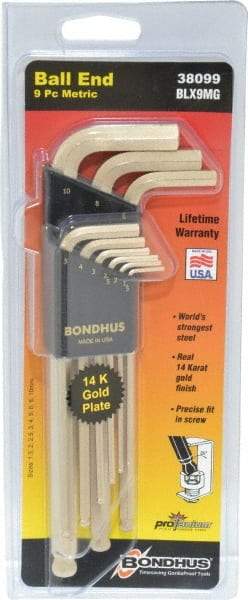 Bondhus - 9 Piece L-Key Ball End Hex Key Set - Hex Range 1.5 to 10mm, Steel - Benchmark Tooling