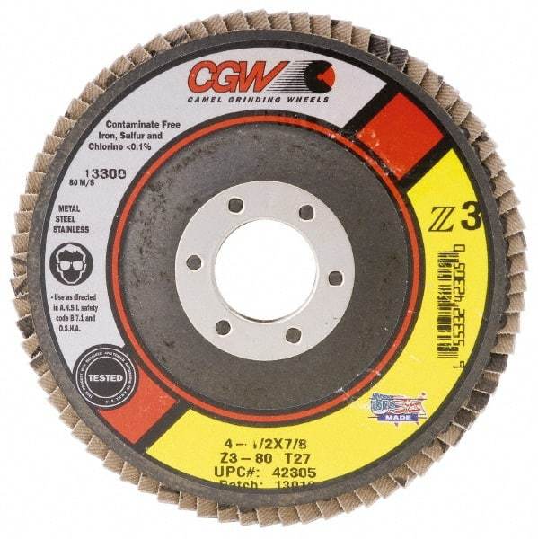 Camel Grinding Wheels - 80 Grit, 6" Disc Diam, 5/8-11 Center Hole, Type 27 Zirconia Alumina Flap Disc - 10,200 Max RPM, Poly Cotton Backing, Arbor Attaching System, Coated - Benchmark Tooling