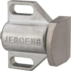 Jergens - 1-1/2" Body Width x 1" Body Len, 3/16" Stroke Len, 1-1/8" Btw Mt Hole Ctrs, Tangless Square Spring Locating Stop - 32 Lb Init End Force, 14 Lb Mid End Force, 32 Lb Final End Force, 1-1/8" Stop Head Width x 1-1/8" Stop Head Height - Benchmark Tooling