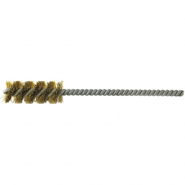 Brush Research Mfg. - 1/8" Diam Helical Brass Tube Brush - Single Spiral, 0.003" Filament Diam, 1" Brush Length, 4" OAL, 0.073" Diam Stainless Steel Shank - Benchmark Tooling