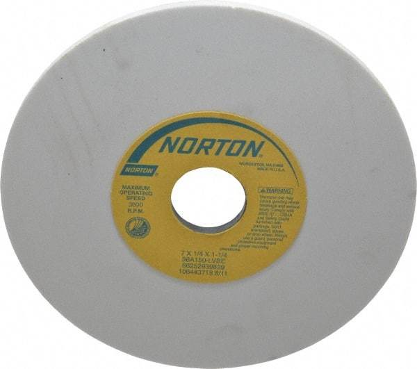Norton - 7" Diam x 1-1/4" Hole x 1/4" Thick, L Hardness, 150 Grit Surface Grinding Wheel - Aluminum Oxide, Type 1, Very Fine Grade, 3,600 Max RPM, Vitrified Bond, No Recess - Benchmark Tooling