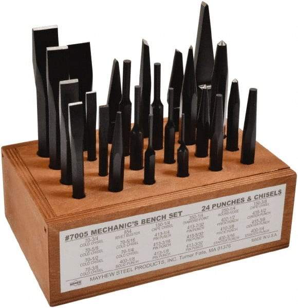 Mayhew - 24 Piece Center, Pin, Prick & Solid Punch & Cape, Cold, Diamond Point & Half Round Chisel & Rivet Buster - 1/4 to 3/4" Chisel, 1/8 to 1/2" Punch - Benchmark Tooling