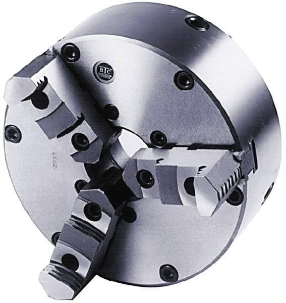 BTC - 3 Jaws, 8" Diam, Self Centering Manual Lathe Chuck - Plain Back Mount Spindle, Adjustable, Reversible, 3,100 Max RPM, 2.264" Through Hole Diam, Cast Iron - Benchmark Tooling