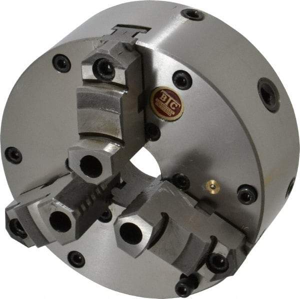 BTC - 3 Jaws, 6" Diam, Self Centering Manual Lathe Chuck - Plain Back Mount Spindle, Adjustable, Reversible, 3,400 Max RPM, 1.535" Through Hole Diam, Cast Iron - Benchmark Tooling