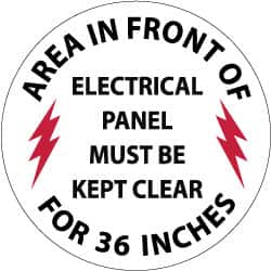 NMC - Area in Front of Electrical Panel Must Be Kept Clear for 36 Inches, Anti-Skid Pressure-Sensitive Vinyl Floor Sign - Round, Black & Red on White, Adhesive Backed, For Accident Prevention - Benchmark Tooling