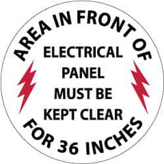 NMC - Area in Front of Electrical Panel Must Be Kept Clear for 36 Inches, Anti-Skid Pressure-Sensitive Vinyl Floor Sign - Round, Black & Red on White, Adhesive Backed, For Accident Prevention - Benchmark Tooling