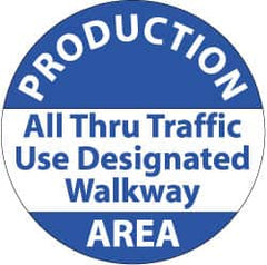 NMC - Production Area - All Thru Traffic Use DeFloor Signated Walkway, Anti-Skid Pressure-Sensitive Vinyl Floor Sign - Round, Blue on White, Adhesive Backed, For Security & Admittance - Benchmark Tooling