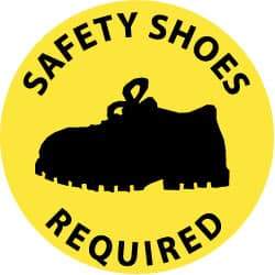 NMC - Safety Shoes Required, Anti-Skid Pressure-Sensitive Vinyl Floor Sign - Round, Black on Yellow, Adhesive Backed, For Accident Prevention - Benchmark Tooling