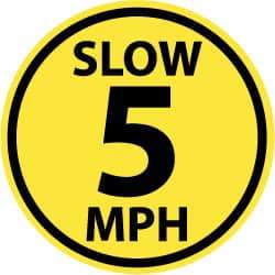 NMC - Slow 5 MPH, Anti-Skid Pressure-Sensitive Vinyl Floor Sign - Round, Black on Yellow, Adhesive Backed, For Security & Admittance - Benchmark Tooling