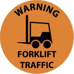 NMC - Warning Forklift Traffic, Anti-Skid Pressure-Sensitive Vinyl Floor Sign - Round, Black on Orange, Adhesive Backed, For Accident Prevention - Benchmark Tooling