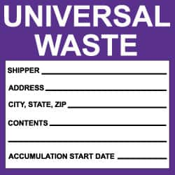 NMC - Hazardous Materials Label - Legend: Universal Waste, English, Black, White & Purple, 6" Long x 6" High, Sign Muscle Finish - Benchmark Tooling