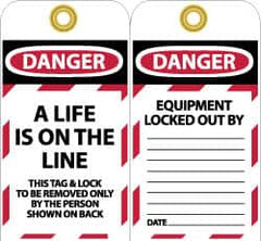 NMC - 3" High x 6" Long, A LIFE IS ON THE LINE, English Safety & Facility Lockout Tag - Tag Header: Danger, 2 Sides, Black, Red & White Unrippable Vinyl - Benchmark Tooling