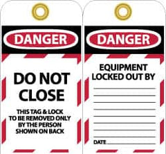NMC - 3" High x 6" Long, DO NOT CLOSE, English Safety & Facility Lockout Tag - Tag Header: Danger, 2 Sides, Black, Red & White Unrippable Vinyl - Benchmark Tooling