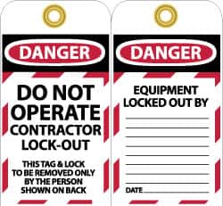 NMC - 3" High x 6" Long, DO NOT OPERATE CONTRATOR LOCK OUT, English Safety & Facility Lockout Tag - Tag Header: Danger, 2 Sides, Black, Red & White Unrippable Vinyl - Benchmark Tooling