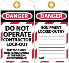 NMC - 3" High x 6" Long, DO NOT OPERATE CONTRATOR LOCK OUT, English Safety & Facility Lockout Tag - Tag Header: Danger, 2 Sides, Black, Red & White Unrippable Vinyl - Benchmark Tooling