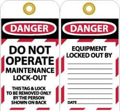NMC - 3" High x 6" Long, DO NOT OPERATE MAINTENANCE LOCKOUT, English Safety & Facility Lockout Tag - Tag Header: Danger, 2 Sides, Black, Red & White Unrippable Vinyl - Benchmark Tooling