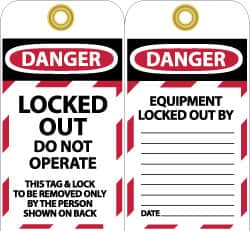 NMC - 3" High x 6" Long, LOCKED OUT - DO NOT OPERATE, English Safety & Facility Lockout Tag - Tag Header: Danger, 2 Sides, Black, Red & White Unrippable Vinyl - Benchmark Tooling
