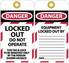 NMC - 3" High x 6" Long, LOCKED OUT - DO NOT OPERATE, English Safety & Facility Lockout Tag - Tag Header: Danger, 2 Sides, Black, Red & White Unrippable Vinyl - Benchmark Tooling