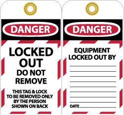 NMC - 3" High x 6" Long, LOCKED OUT - DO NOT REMOVE, English Safety & Facility Lockout Tag - Tag Header: Danger, 2 Sides, Black, Red & White Unrippable Vinyl - Benchmark Tooling