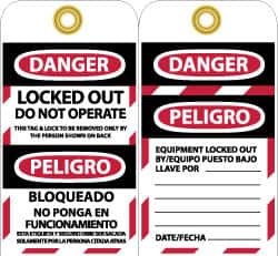NMC - 3" High x 6" Long, DANGER - LOCKED OUT - DO NOT OPERATE - THIS TAG & LOCK TO BE REMOVED ONLY BY THE PERSON SHOWN ON BACK, English & Spanish Safety & Facility Lockout Tag - Tag Header: Danger, 2 Sides, Black, Red & White Vinyl - Benchmark Tooling