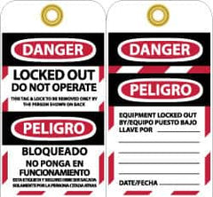 NMC - 3" High x 6" Long, DANGER - LOCKED OUT - DO NOT OPERATE - THIS TAG & LOCK TO BE REMOVED ONLY BY THE PERSON SHOWN ON BACK, English & Spanish Safety & Facility Lockout Tag - Tag Header: Danger, 2 Sides, Black, Red & White Vinyl - Benchmark Tooling