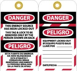 NMC - 3" High x 6" Long, DANGER - THIS ENERGY SOURCE HAS BEEN LOCKED OUT - THIS TAB & LOCK TO BE REMOVED ONLY BY THE PERSON SHOWN ON BACK, English & Spanish Safety & Facility Lockout Tag - Tag Header: Danger, 2 Sides, Black, Red & White Vinyl - Benchmark Tooling