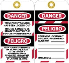 NMC - 3" High x 6" Long, DANGER - THIS ENERGY SOURCE HAS BEEN LOCKED OUT - THIS TAB & LOCK TO BE REMOVED ONLY BY THE PERSON SHOWN ON BACK, English & Spanish Safety & Facility Lockout Tag - Tag Header: Danger, 2 Sides, Black, Red & White Vinyl - Benchmark Tooling