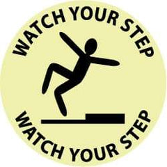 NMC - Watch Your Step - Watch Your Step, Anti-Skid Polyester Floor Sign - Round, Black on Yellow (Glow), Adhesive Backed, For Accident Prevention - Benchmark Tooling