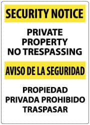 NMC - "Security Notice - Private Property - No Trespassing", 20" Long x 14" Wide, Rigid Plastic Safety Sign - Rectangle, 0.04" Thick, Use for Security & Admittance - Benchmark Tooling