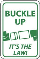 NMC - "Buckle Up - It's the Law", "Buckle", 12" Wide x 18" High, Aluminum Parking Lot Traffic Signs - 0.063" Thick, Green on White, Rectangle, Post Mount - Benchmark Tooling