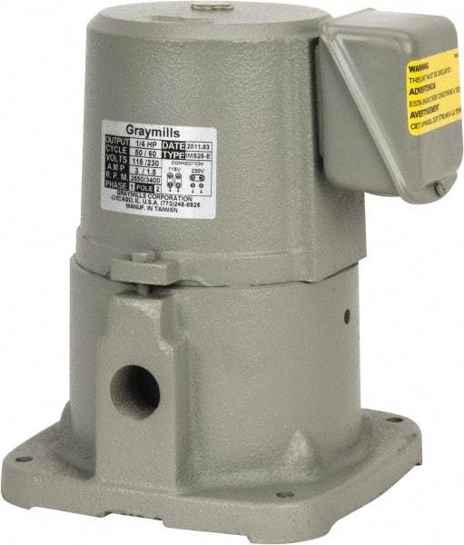 Graymills - 3/1.5 Amp, 115/230 Volt, 1/4 hp, 1 Phase, 3,450 RPM, Cast Iron Suction Machine Tool & Recirculating Pump - 20 GPM, 32 psi, 7-3/8" Long x 7-3/8" Mounting Flange Width, 9" Overall Height, Plastic Impeller, TEFC Motor - Benchmark Tooling