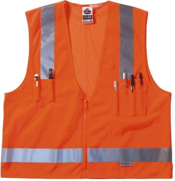 Ergodyne - Size L/XL High Visibility Orange Mesh/Solid Surveyor's Vest - 44 to 52" Chest, ANSI/ISEA 107, Zipper Closure, 6 Pockets, Polyester - Benchmark Tooling