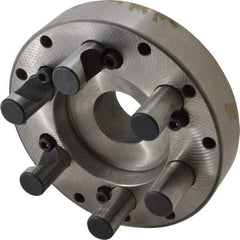 Buck Chuck Company - Adapter Back Plate for 6" Diam Self Centering Lathe Chucks - D1-5 Mount, 1-1/2" Through Hole Diam, 3.109mm ID, 5.88" OD, 1.26" Flange Height, Steel - Benchmark Tooling