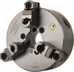 Bison - 3 Jaws, 6" Diam, Self Centering Manual Lathe Chuck - Plain Back Mount Spindle, Reversible, 4,500 Max RPM, 1.6535" Through Hole Diam, 0.0014" Axial Runout, 0.0012" Radial Runout, Forged Steel - Benchmark Tooling