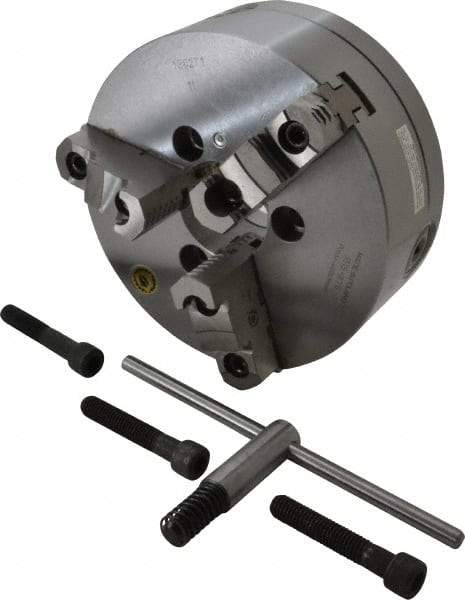 Bison - 3 Jaws, 8" Diam, Self Centering Manual Lathe Chuck - A1-6 Mount Spindle, Reversible, 4,000 Max RPM, 2.1653" Through Hole Diam, 0.001" Axial Runout, 0.0016" Radial Runout, Forged Steel - Benchmark Tooling